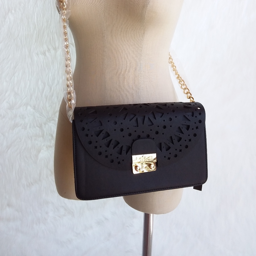BEBE TIFFANY CROSSBODY PERFORATED EYELET DESIGN ON BLACK FAUX LEATHER NWT Y2K